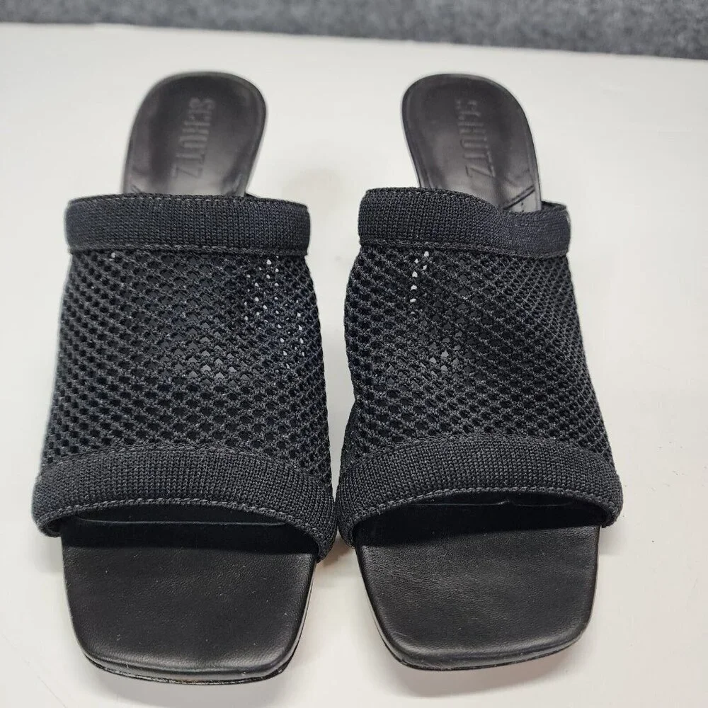 Schutz Sinara True Black Strap Slip On Open Toe Stiletto Mid Heeled‎ Sandals 7B